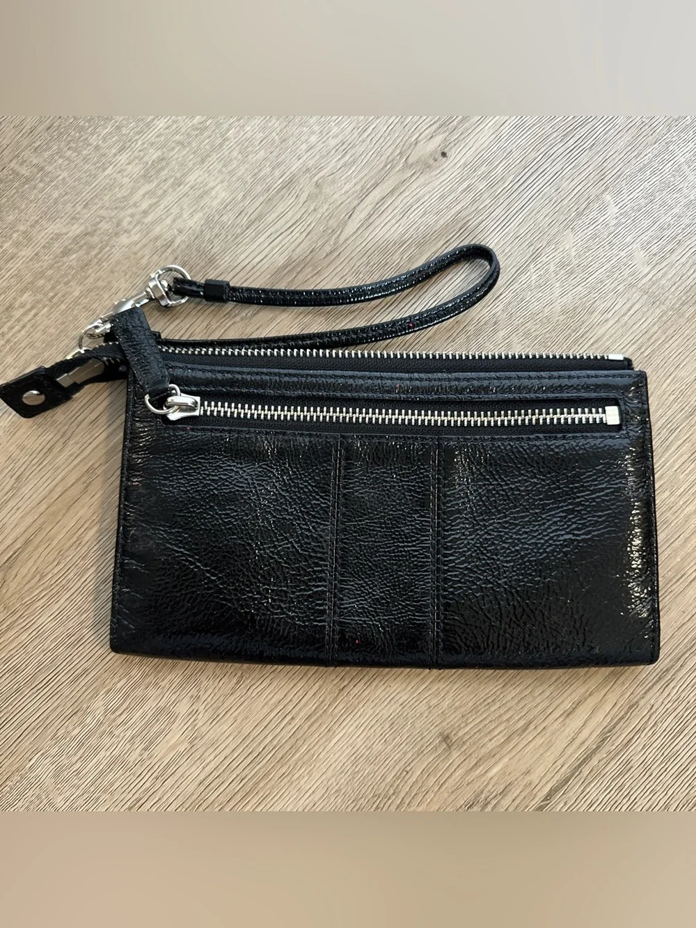 Coach Black Patent Leather Wristlet with Silver Logo